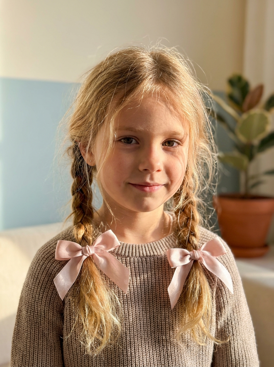 Locker geflochtene Zöpfe mit Schleifen als Flechtfrisuren für Kinder Inspiration 2026